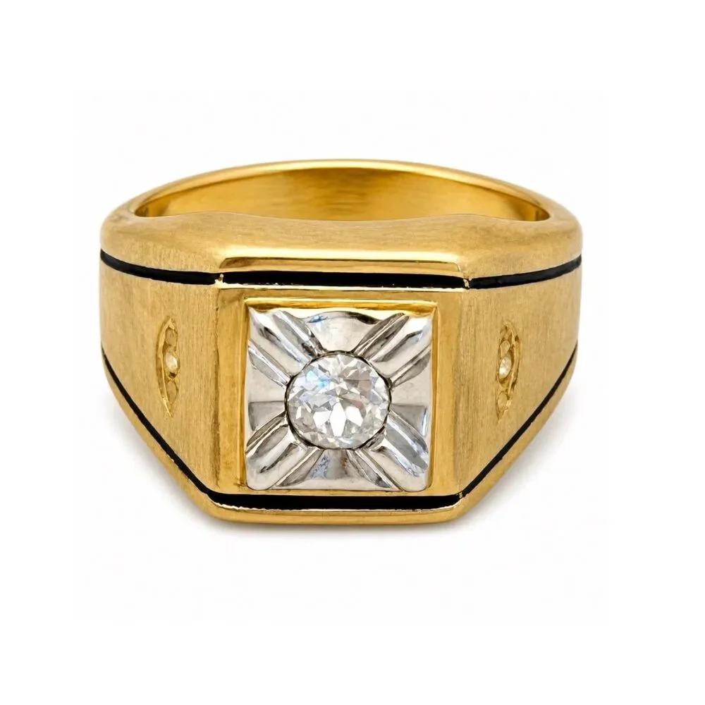 Vintage 1970s Ring Size 7 Uncas CZ Square Bezel Textured Gold Plated - 14O